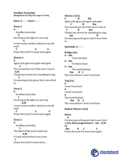 Goodbye Yesterday by Elevation Rhythm Chords and Lyrics - chordchard ...
