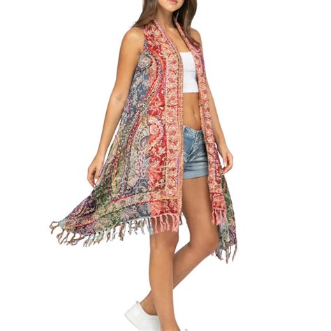 Boho Embroidered Long Vest Multicolor Purple Red Fringe One Size Hand ...