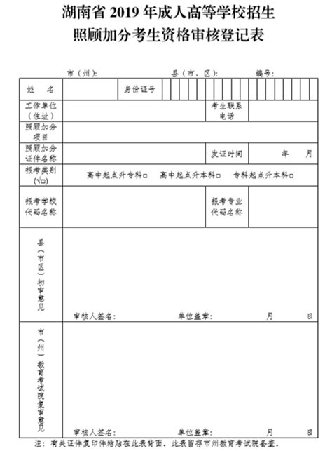 湖南省2019年成人高考招生照顾加分考生资格审核登记表_湖南省成人高考网