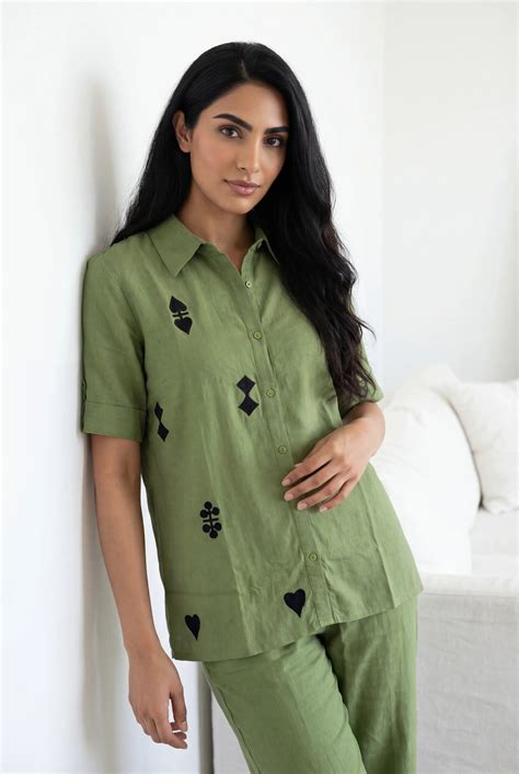 Buy Green Color Shirt Collar Cotton Co-Ords Set For Women Online @ Best ...