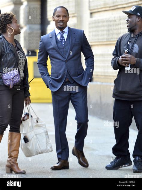 Jamie Foxx and Quvenzhane Wallis on the film set of 'Annie' shooting in New York City Featuring ...