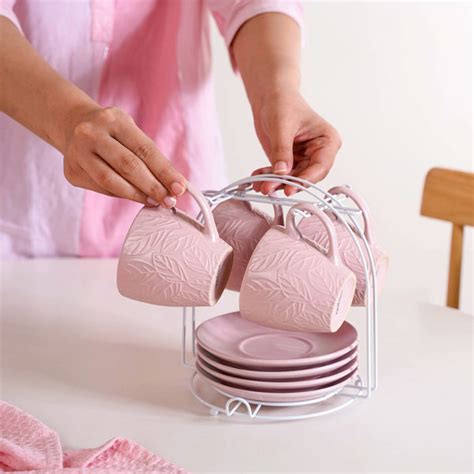 Leaf Embossed Cup And Saucer Set Of 4 With Stand 200ml Online - Premium ...