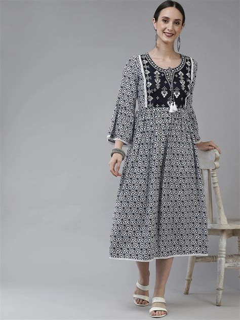 Navy Blue & White Ethnic Dress freeshipping - Yufta Store