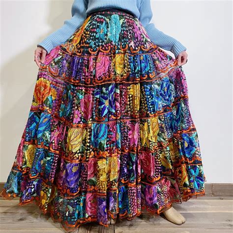 40s Mexican flower embroidery tulle long skirt | LEMON