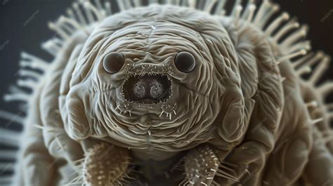 A closeup of a microscopic worms face with large eyes and spiky hairs captured with a scanning ...