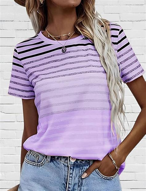 Women's T Shirt Casual Striped Print Short Sleeve Regular Tops Crew ...