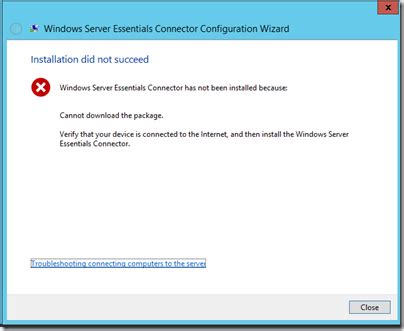 WS2012 Essentials Connector Installed but cannot Download the Package