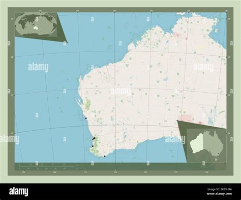 Western Australia, state of Australia. Open Street Map. Locations of major cities of the region ...