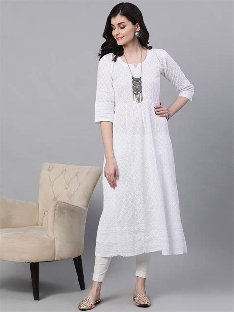 Buy Ishin Women's Cotton White Sequinned Chikankari Embroidered ...
