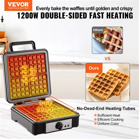 VEVOR Waffle Maker, 4 Slices per Batch, 1200W Square Waffle Iron Manual ...