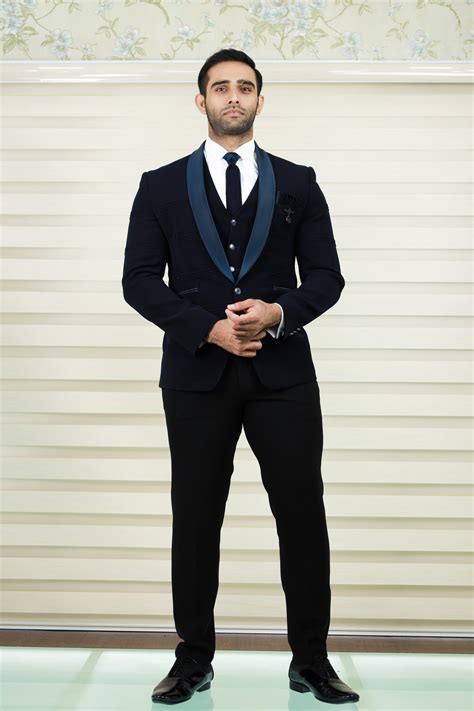 Prussian Blue 3 Piece Tuxedo Suit with Horizontal Tuck Detailing ...