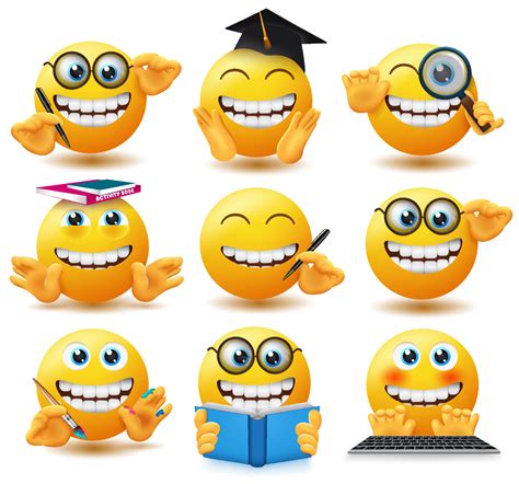 Emoji school student emoticons vector set. Emoticon emojis in happy and jolly expression with ...