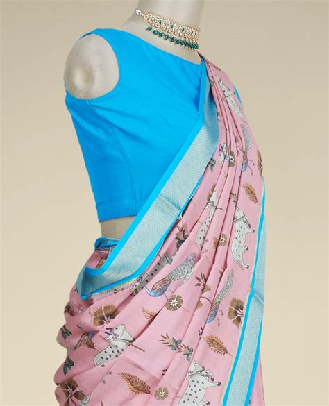 Pink printed mysore silk saree features peacock, floral & pichwai cow