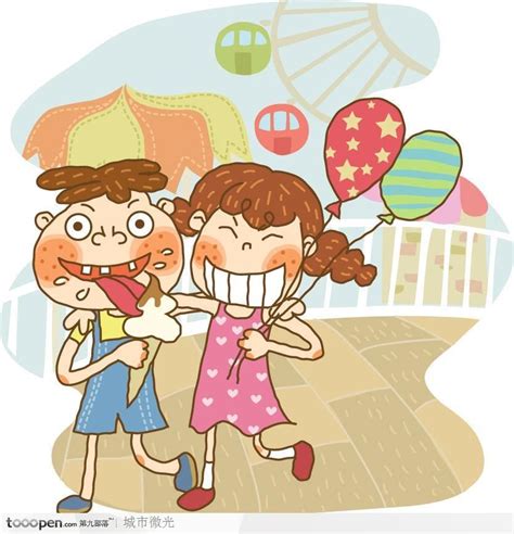 简笔画儿童插画－吃冰淇淋拿着气球逛游乐场的姐弟俩 Festival Image, Zelda Characters, Disney ...