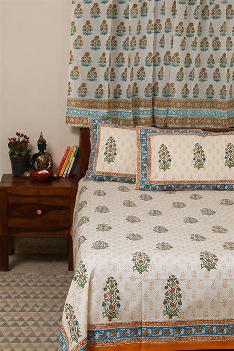 Handblock Printed Cotton Bed Sheets Online | SootiSyahi Dreaming Yellow