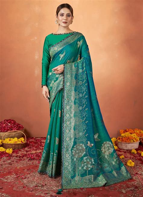 Shop Blue Kanjivaram two tone Silk HandWork Wedding Saree – Gunj Fashion