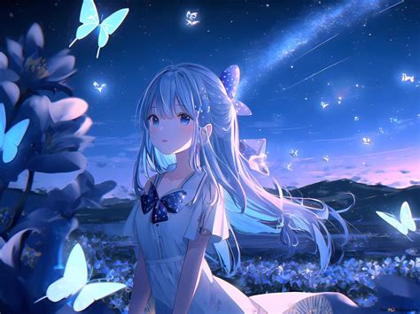 Beautiful anime girl with blue hair posing with butterflies HD ...