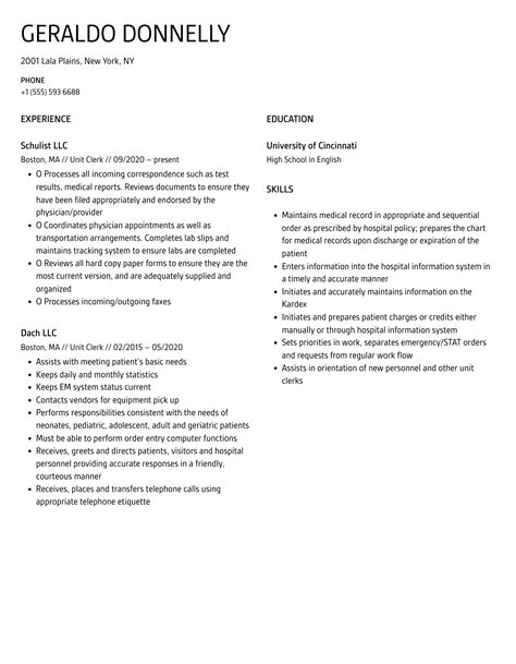 Unit Clerk Resume Samples | Velvet Jobs