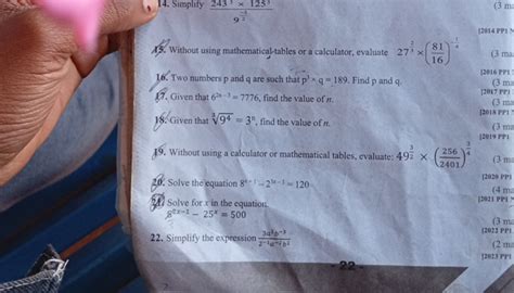 Simplify 243^5 times 125^3 / 9^{-3} Without using mathematical tables or..