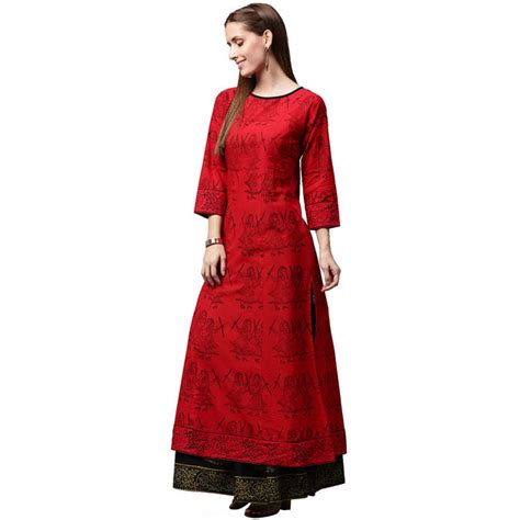 Red printed 3/4th sleeve cotton kurta with green printed Palazzos ...