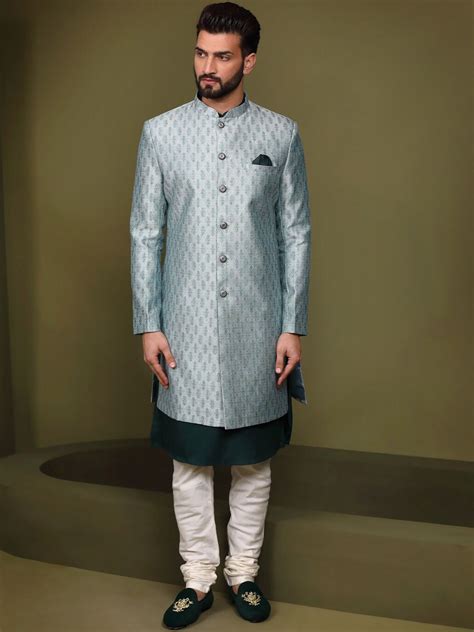 KISAH Ethnic Motifs Woven Design Mandarin Collar Sherwani Set - Price ...