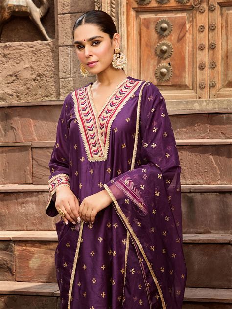 Purple Embroidered Chanderi Kurta with Pants- Set of 2