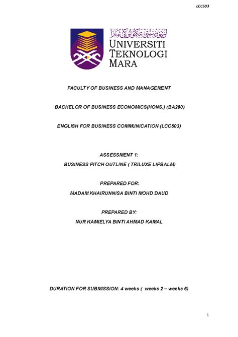 Business Pitch Outline - FACULTY OF BUSINESS AND MANAGEMENT BACHELOR OF ...