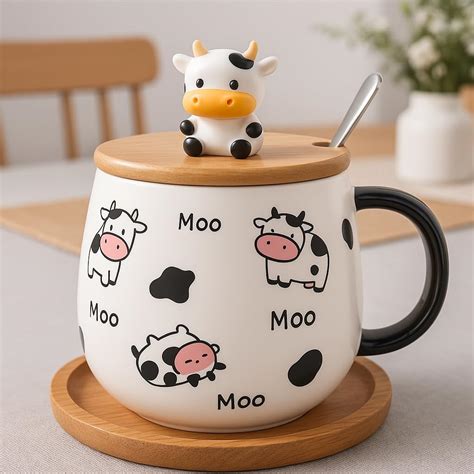 BonZeal Moo Cow Ceramic Mug with Lid & Spoon, 400ml Milk Cup for Kids ...