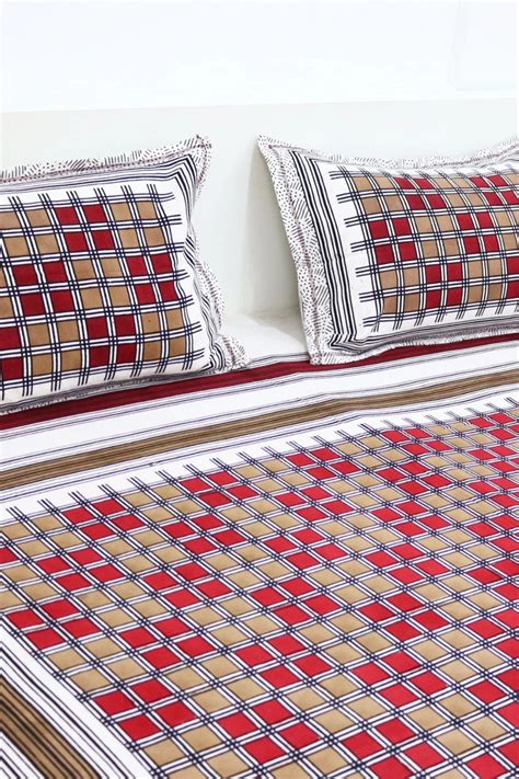 Hand Block Cotton Bedsheet with 2 Pillow Covers Double Bed size Red Br ...