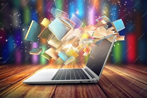 Boundless learning laptop amidst a backdrop of flying books online education | Premium AI ...