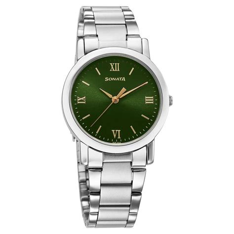 Sonata Classic Quartz Analog Green Dial Silver Stainless Steel Strap ...