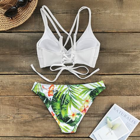Lace Up Leaf Print Low-waist Bikini Set I Swimwear | The Beach Company