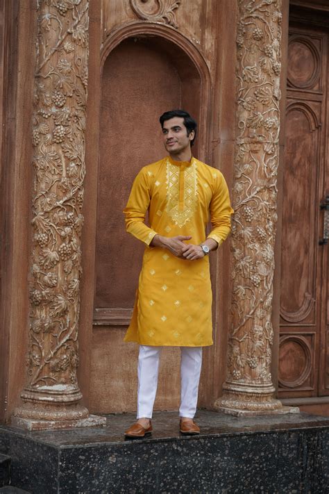 Mustard All-Over Mirror Embroidered Kurta Set for Men – Indian Ethnic ...