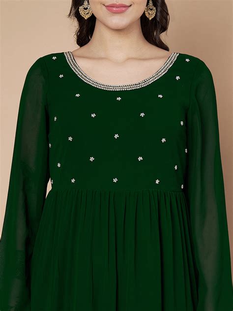 Poshak Hub Women Green Georgette Embroidery Tiered Anarkali Kurta ...