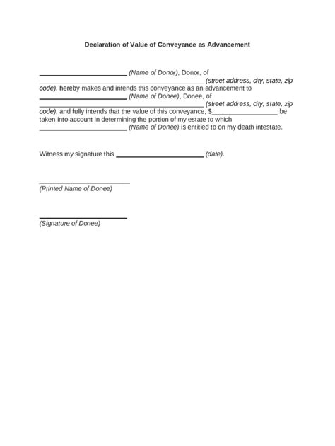 Declaration of Value of Conveyance as Advancement - Blank Fillable ...