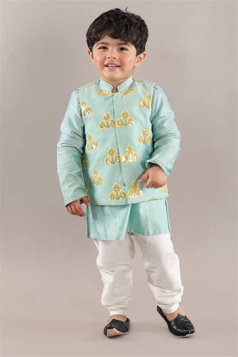 Pre-Order: Aqua Green Kurta With Flower Embroidery Jacket And Bottom S ...