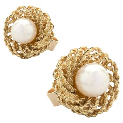 14 Karat Yellow Gold Woven Love Knot Twist Pearl Stud Earrings at ...
