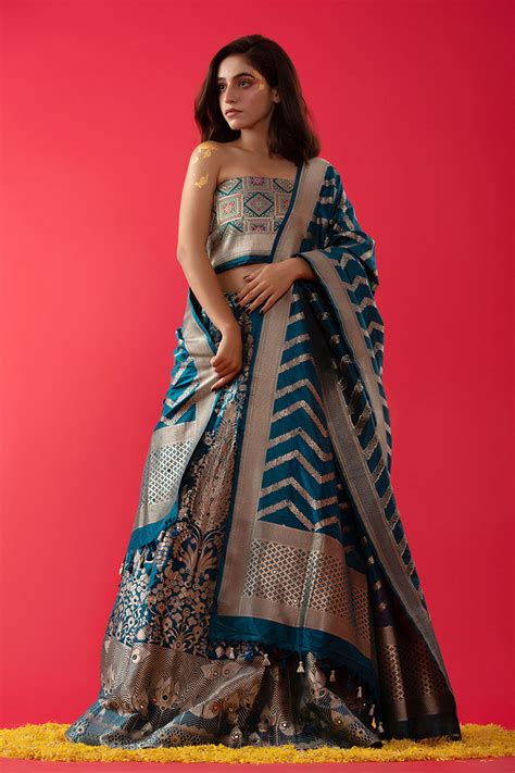 Teal Blue Handwoven Embellished Banarasi Katan Silk Lehenga – Chinaya ...