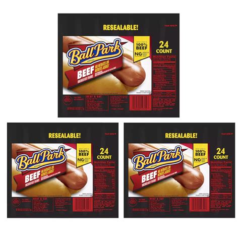 Ball Park Beef Franks, Fully Cooked Beef Hot Dogs (Three 24 Count Packs ...