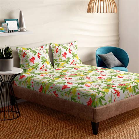 Buy PORTICO Magnum White Floral Printed Cotton Super King Bedsheet Set ...