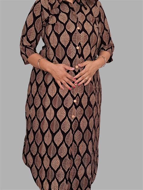 Black Leaf Design Shirt Style Cotton Kurti – IndiChic