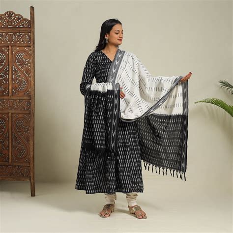 Black Frock Style Cotton Pochampally Ikat Kurta Set