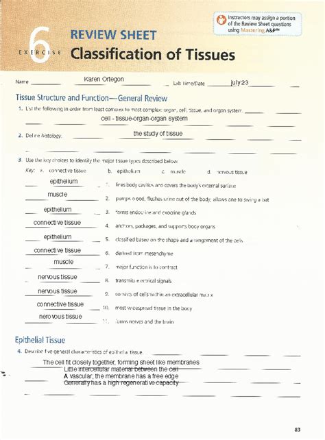 AP - Lab Ex. 06 review sheet chapter 6 classification of tissues - bio 211 - Studocu