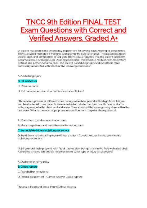 TNCC 9th Edition FINAL TEST Exam Questions with Correct and Verified ...