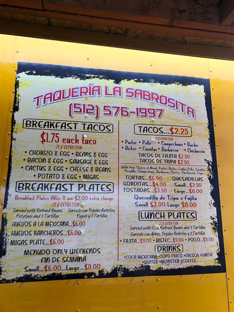 Carta del restaurante Taqueria la sabrosita, Austin, 411 Bastrop Hwy
