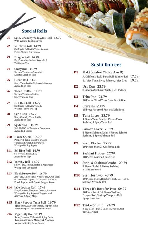 Carta de Three B's Bar and Bistro, Lakehurst