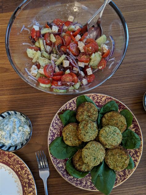 Home made falafels, greek salad with tofu feta and tzatziki sauce ...