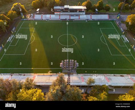 Photos of renovated stadium of FC Zeleznicar at sunset. Pancevo, Serbia ...