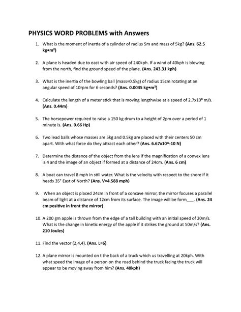 Physics WORD Problems - PHYSICS WORD PROBLEMS with Answers What is the moment of inertia of a ...