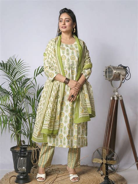 Ekisha's women printed white green floral cotton kurta and pant set wi